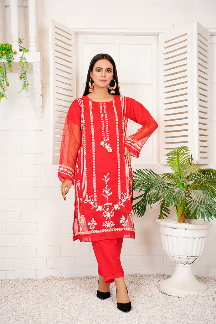 02-PC Premium Embroidered Suit Organza (red)